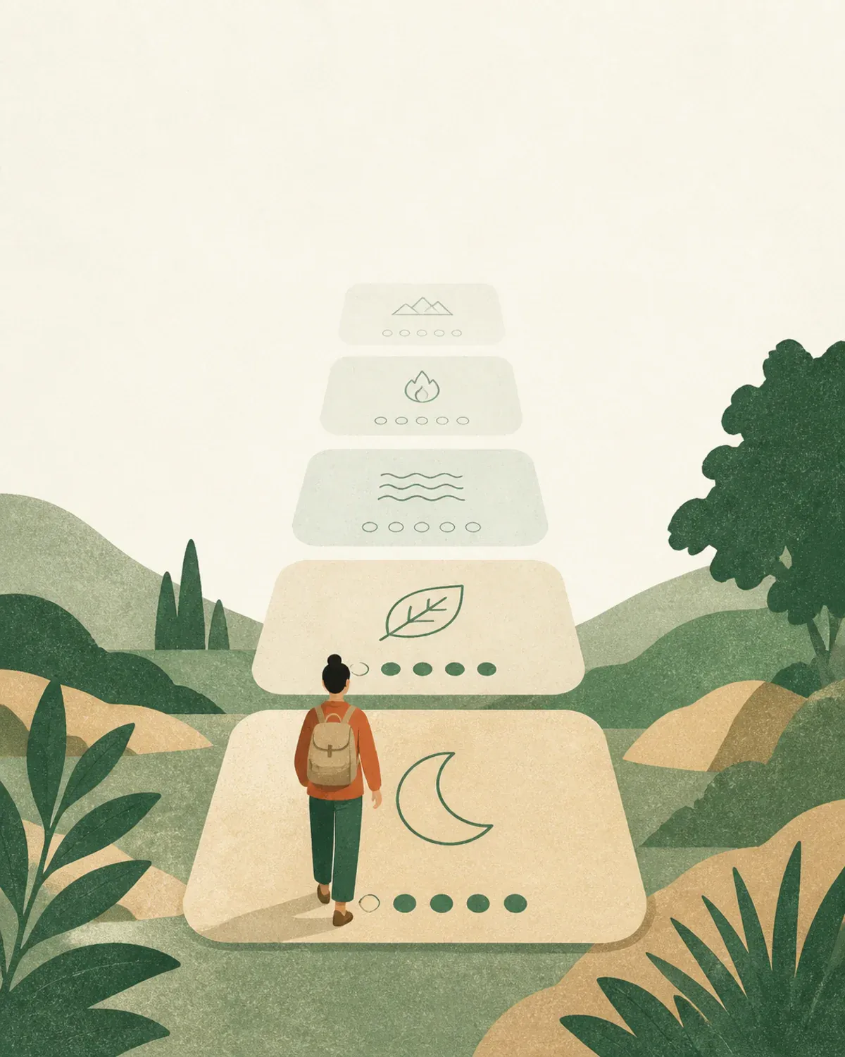 A meditation course drawn as a path of stepping stones, each one a session with its own technique and its own progress dots, leading forward through hills