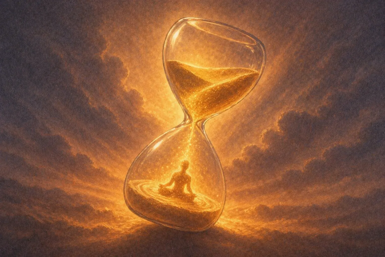 An hourglass with golden sand paused mid-flow, representing the perfect 10-minute meditation duration