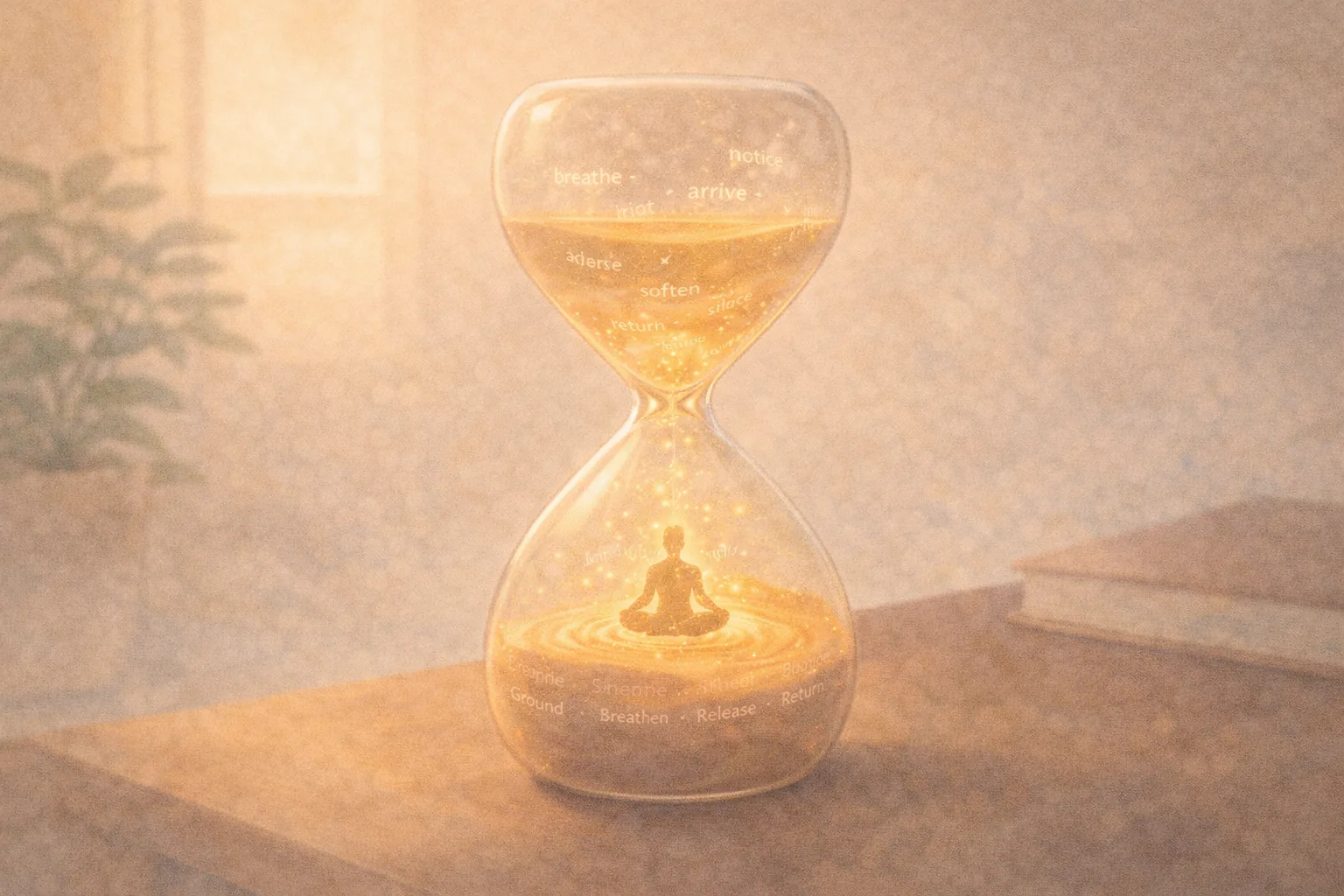 Glowing hourglass with luminous golden sand forming a tiny meditating figure, representing the power of 5-minute meditation scripts