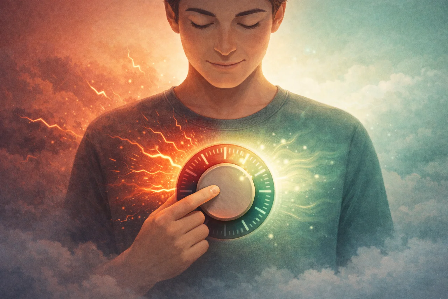 Person turning a glowing dial on their chest from red chaos to green calm, representing a nervous system reset