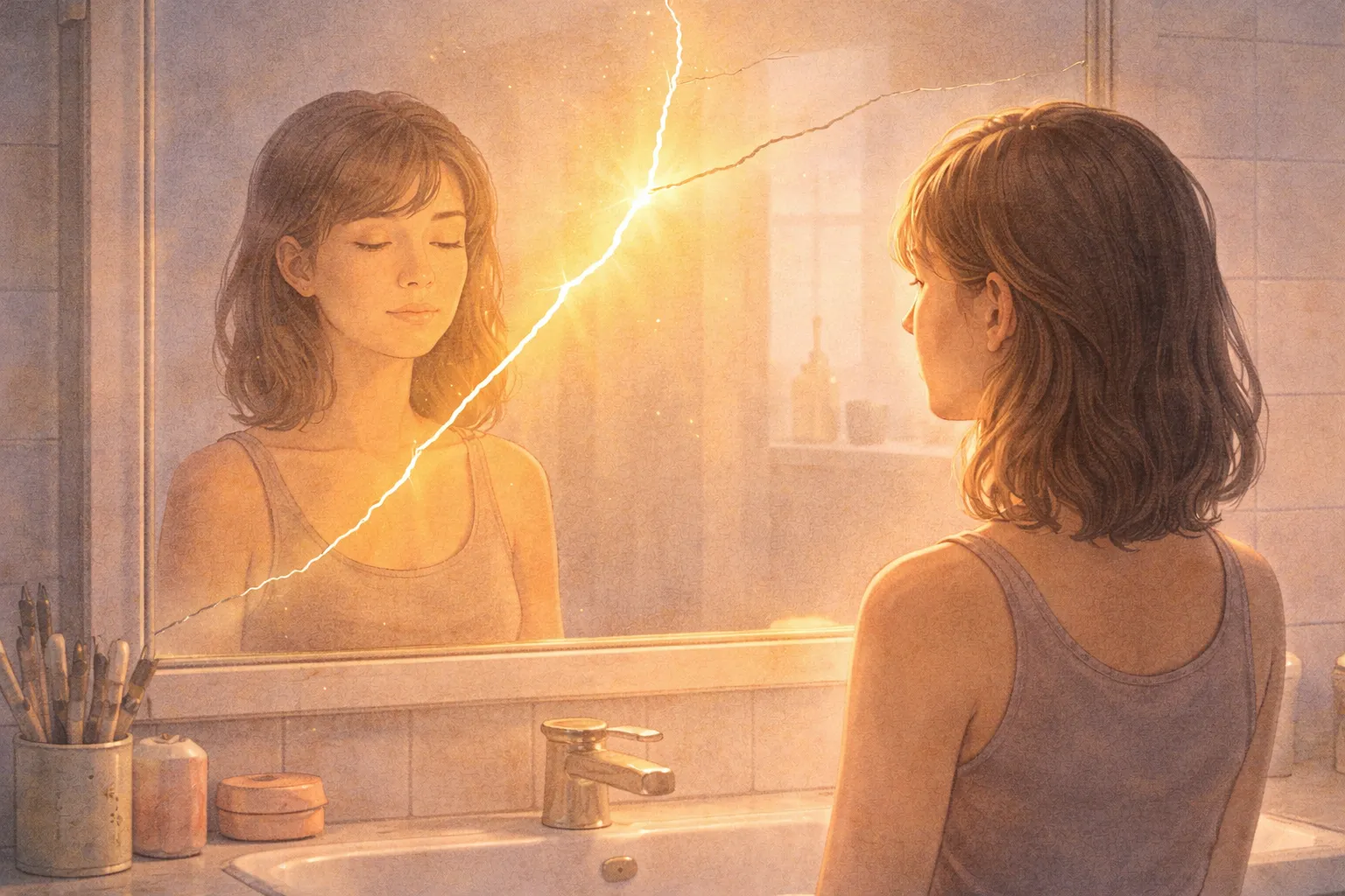 Illustration of a person looking into a cracked bathroom mirror with warm golden light pouring through the crack, representing how meditation fixes the delivery mechanism for affirmations