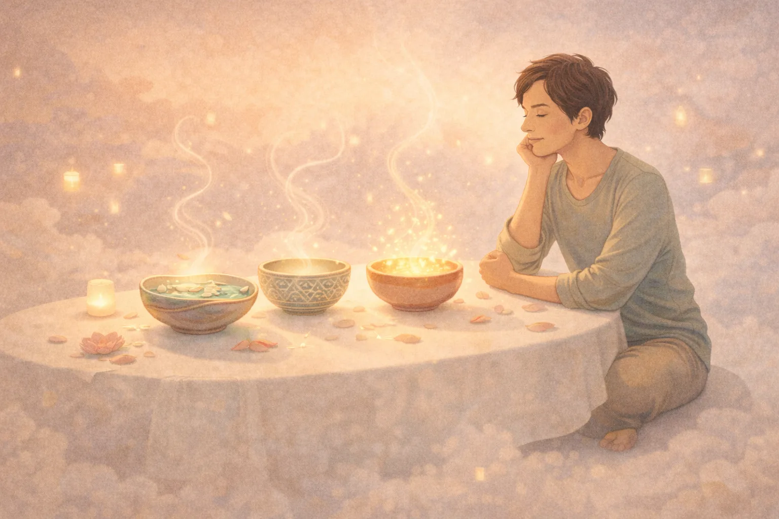 Peaceful illustration of person contemplating three glowing meditation bowls representing different app choices