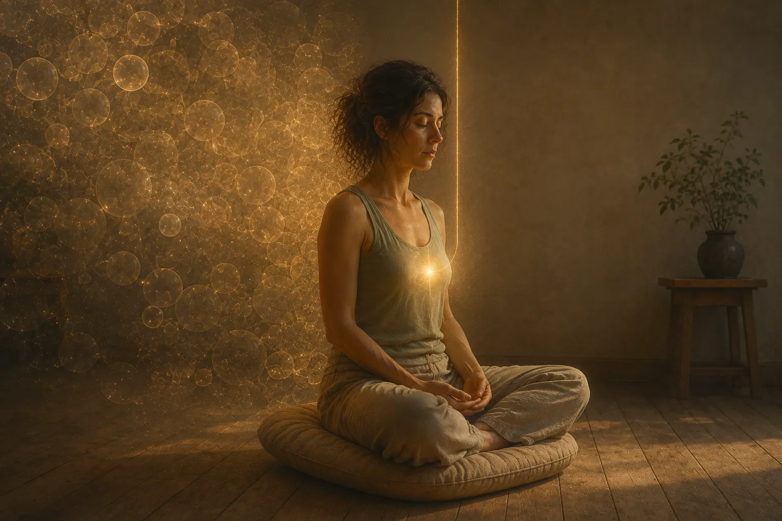 Woman seated cross-legged on a floor cushion in a warm sunlit room, a restless field of golden bubbles crowding the air behind her and a single unbroken thread of light descending to rest at her chest