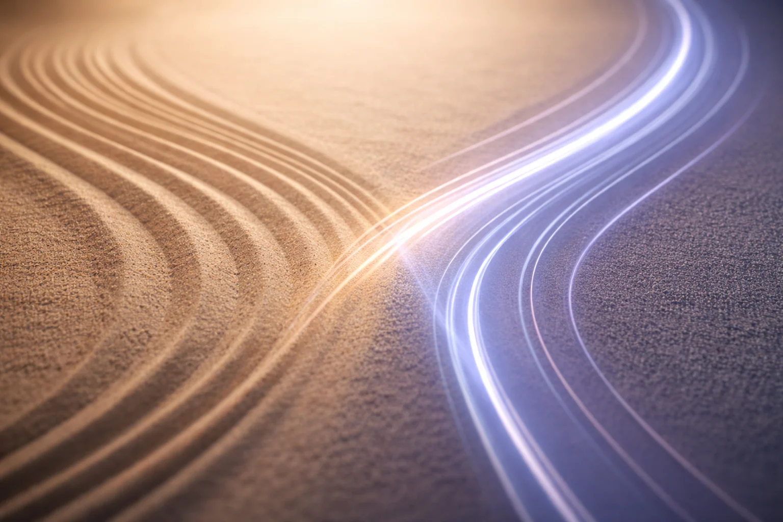 Two paths merging - organic zen sand patterns meeting modern light trails, representing harmony between traditional meditation scripts and AI-powered guidance