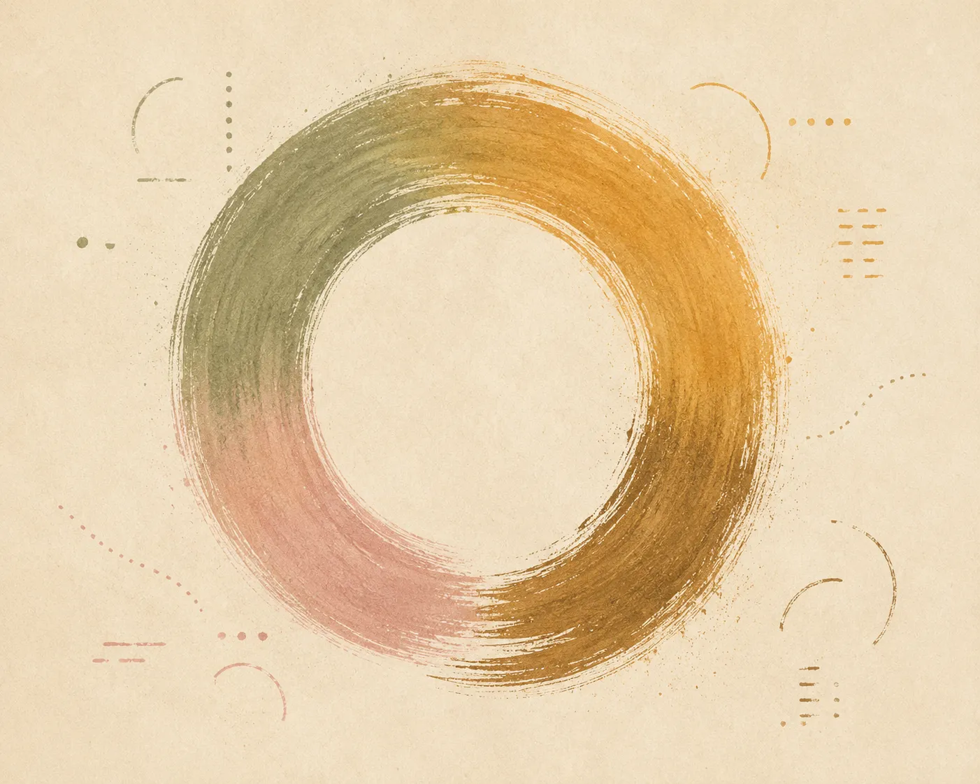 Painterly ensō zen circle painted as a single brushstroke that shifts through four colour segments (sage, amber, bronze, and compassion-pink), reading both as a meditation symbol and as a circular data chart. Faint annotation marks float on cream paper around it.