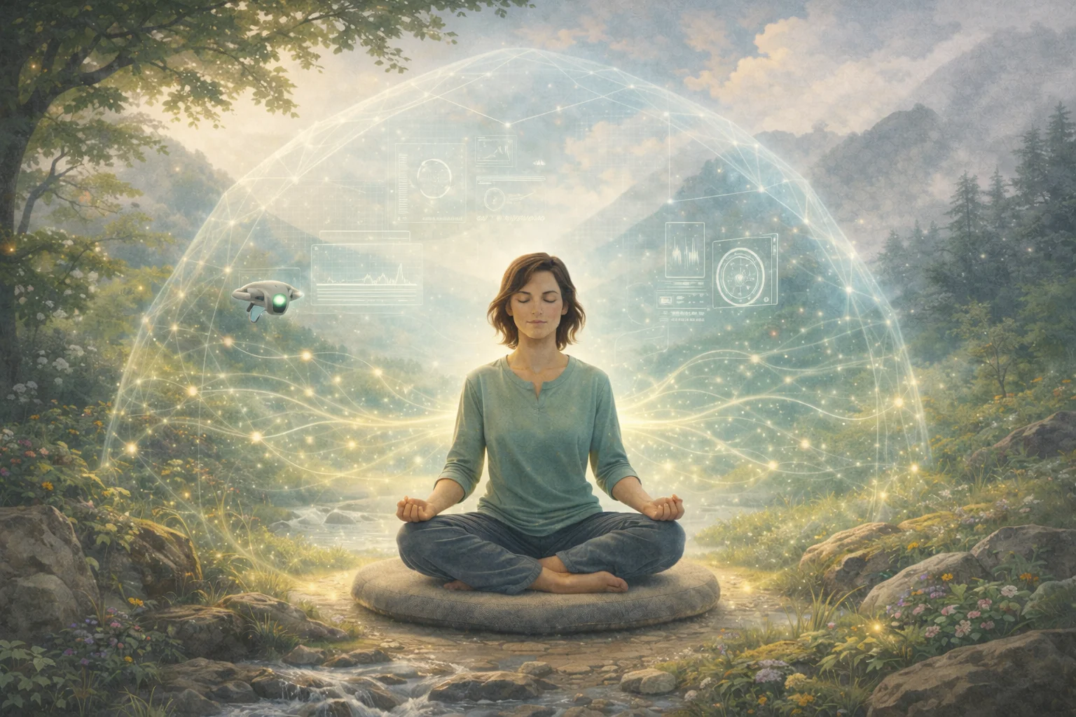 Person in peaceful meditation surrounded by a responsive field of warm golden light particles that adapt and flow around them, representing AI-powered personalized guidance