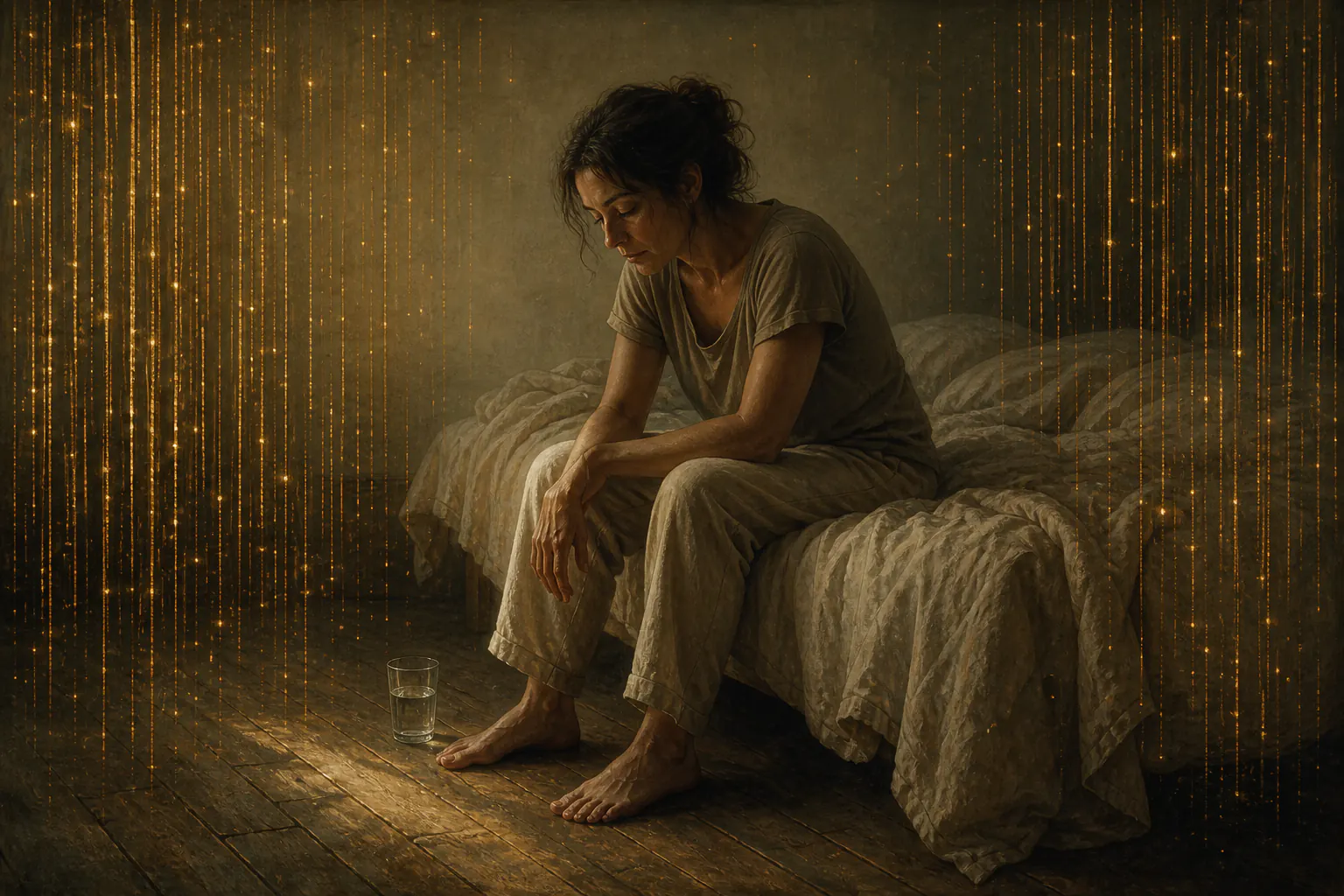 A woman sits awake on the edge of an unmade bed in the small hours, head lowered, a glass of water on the floorboards by her bare feet, while vertical threads of amber light crowd the room and thin away in the space her body occupies