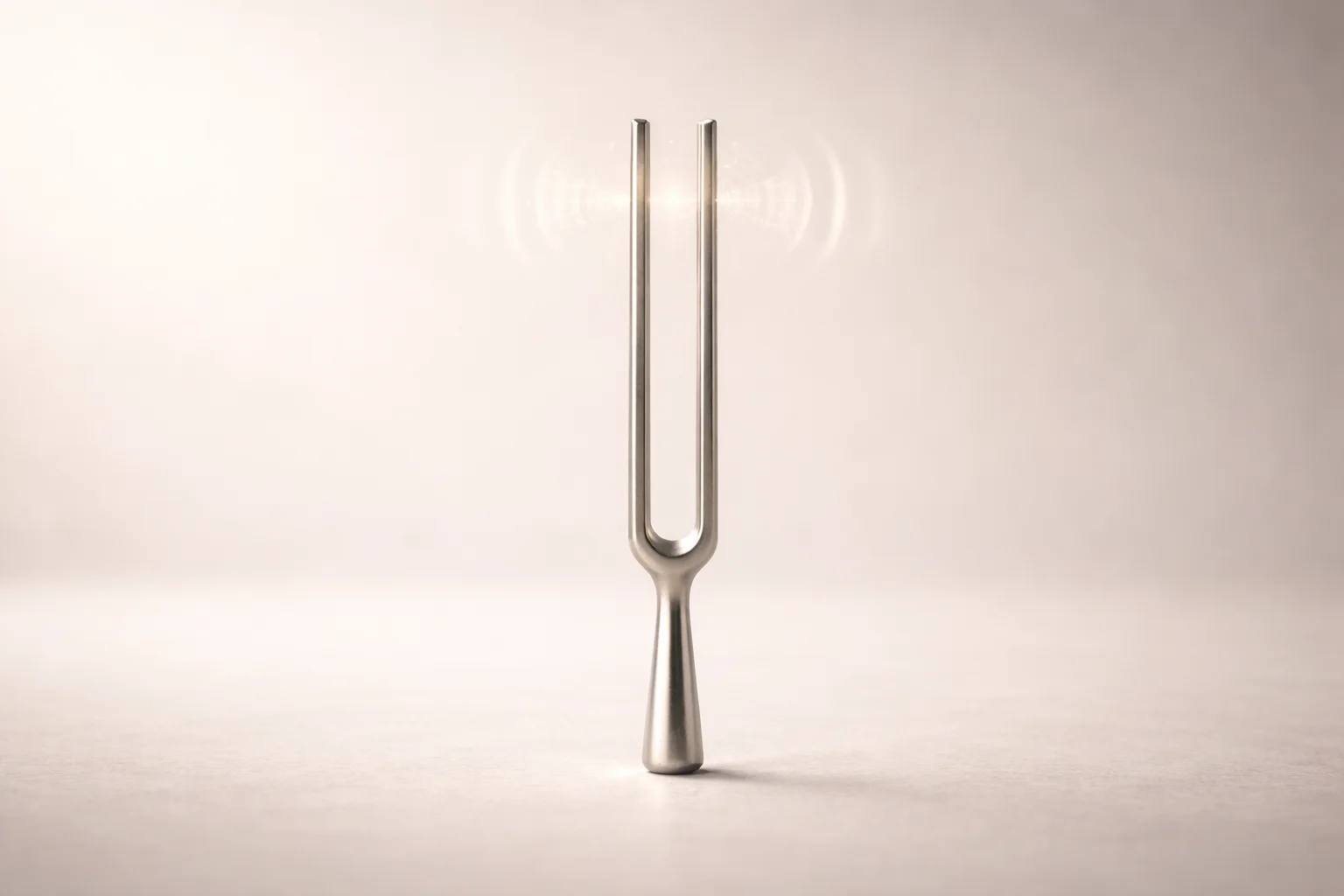 Elegant tuning fork with subtle resonance vibrations, representing the precise calibration and craft of effective meditation guidance
