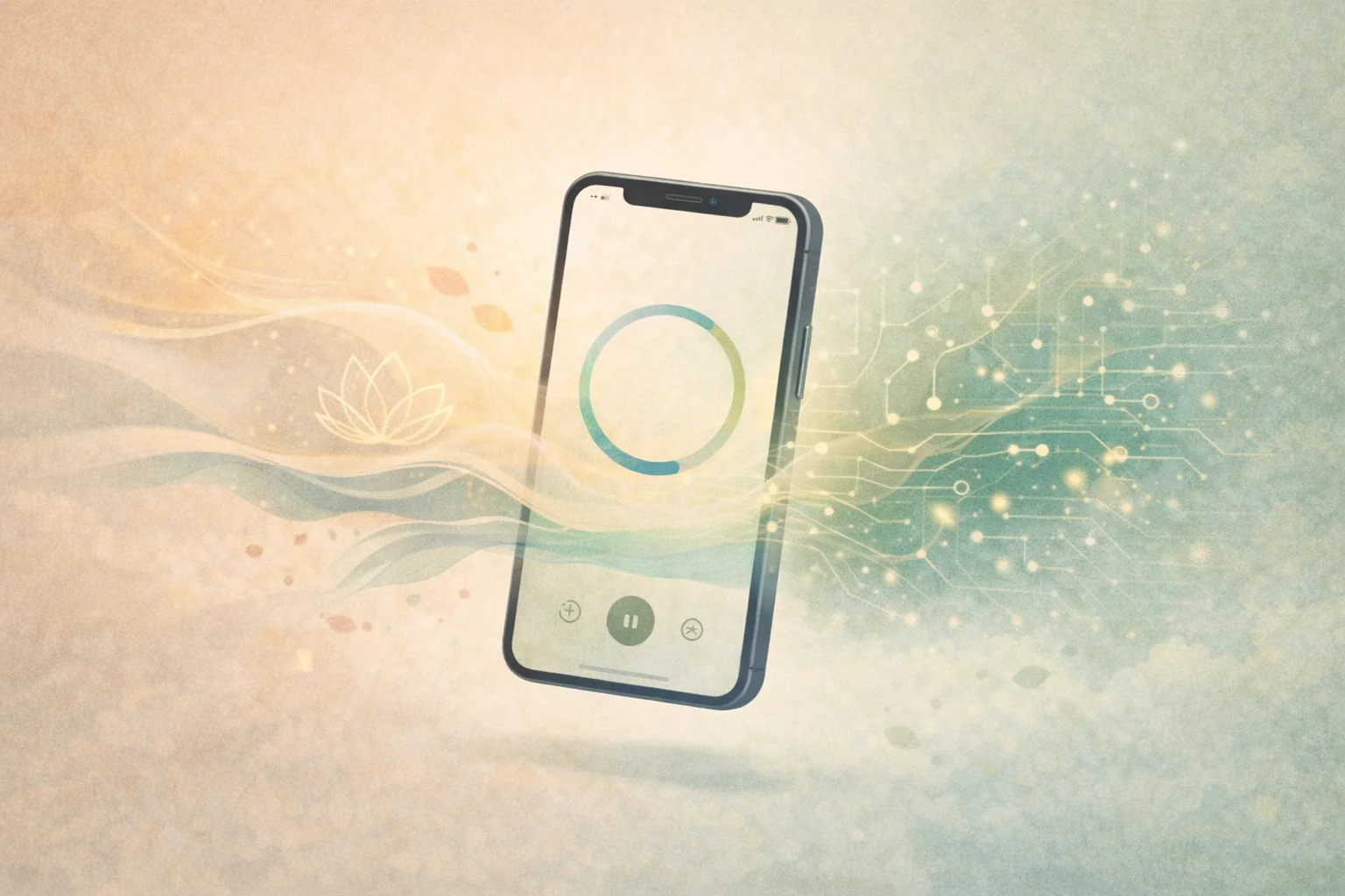 Conceptual illustration comparing AI meditation apps with smartphone and balanced AI-meditation visual elements