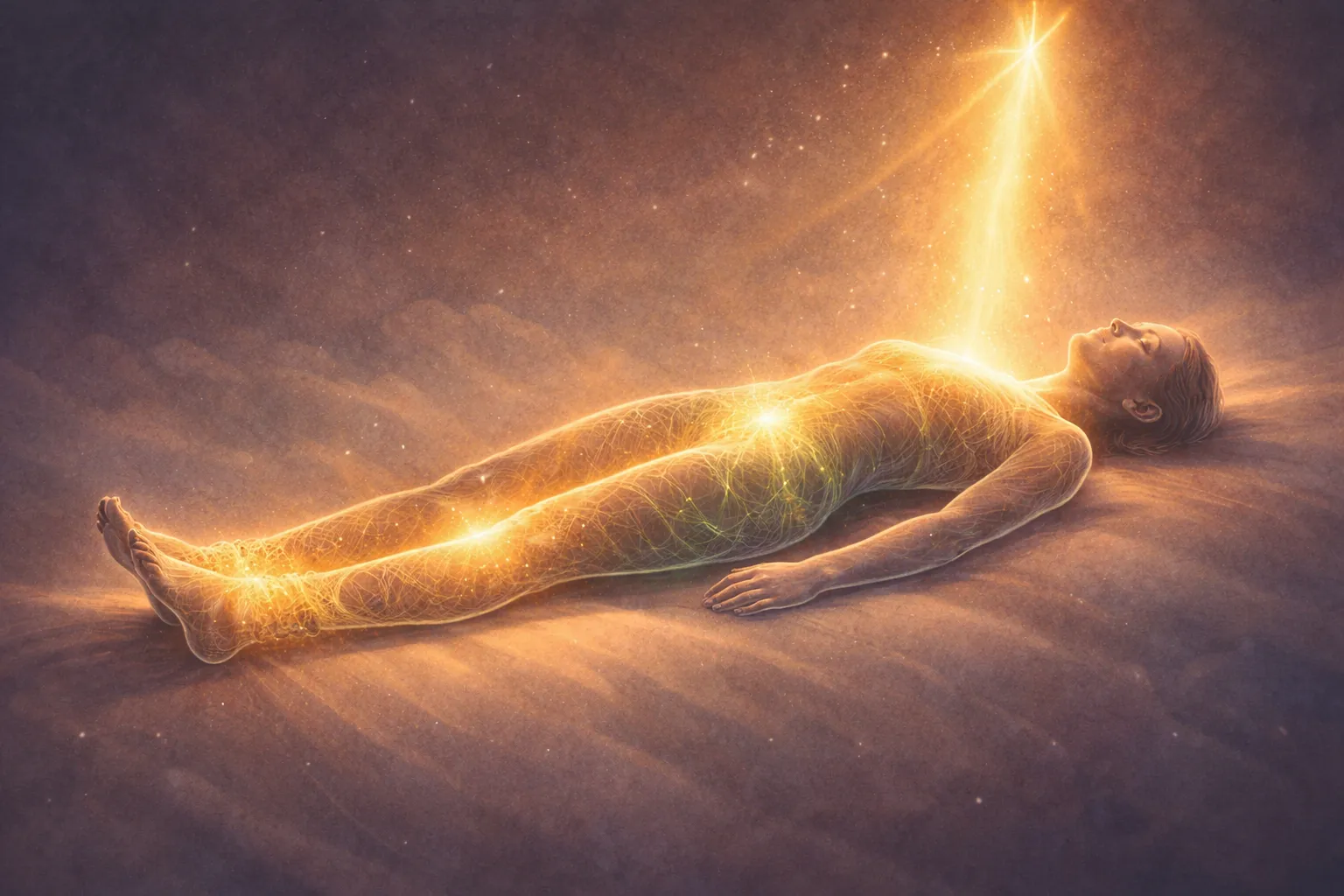 Person lying comfortably with eyes closed as warm light flows gradually from feet to head, representing the progressive awareness of a body scan meditation