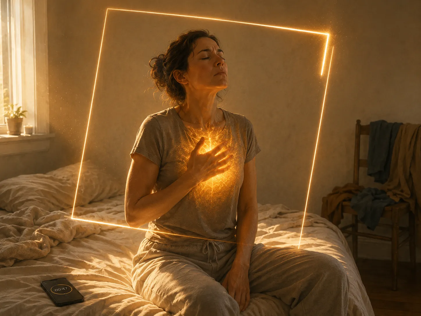 A person holding their breath on the edge of a bed, shoulders raised and light compressed inside their chest, as a square of light closes on its fourth side around them
