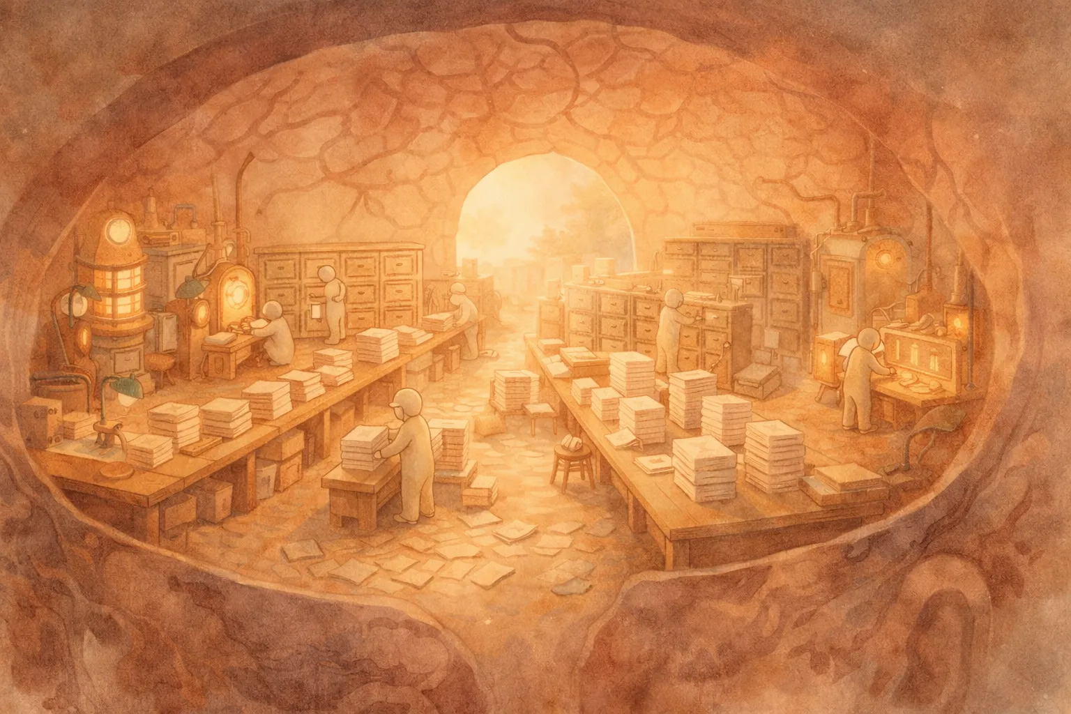 Visualization of a busy mind as a warm workshop with thoughts being processed and organized