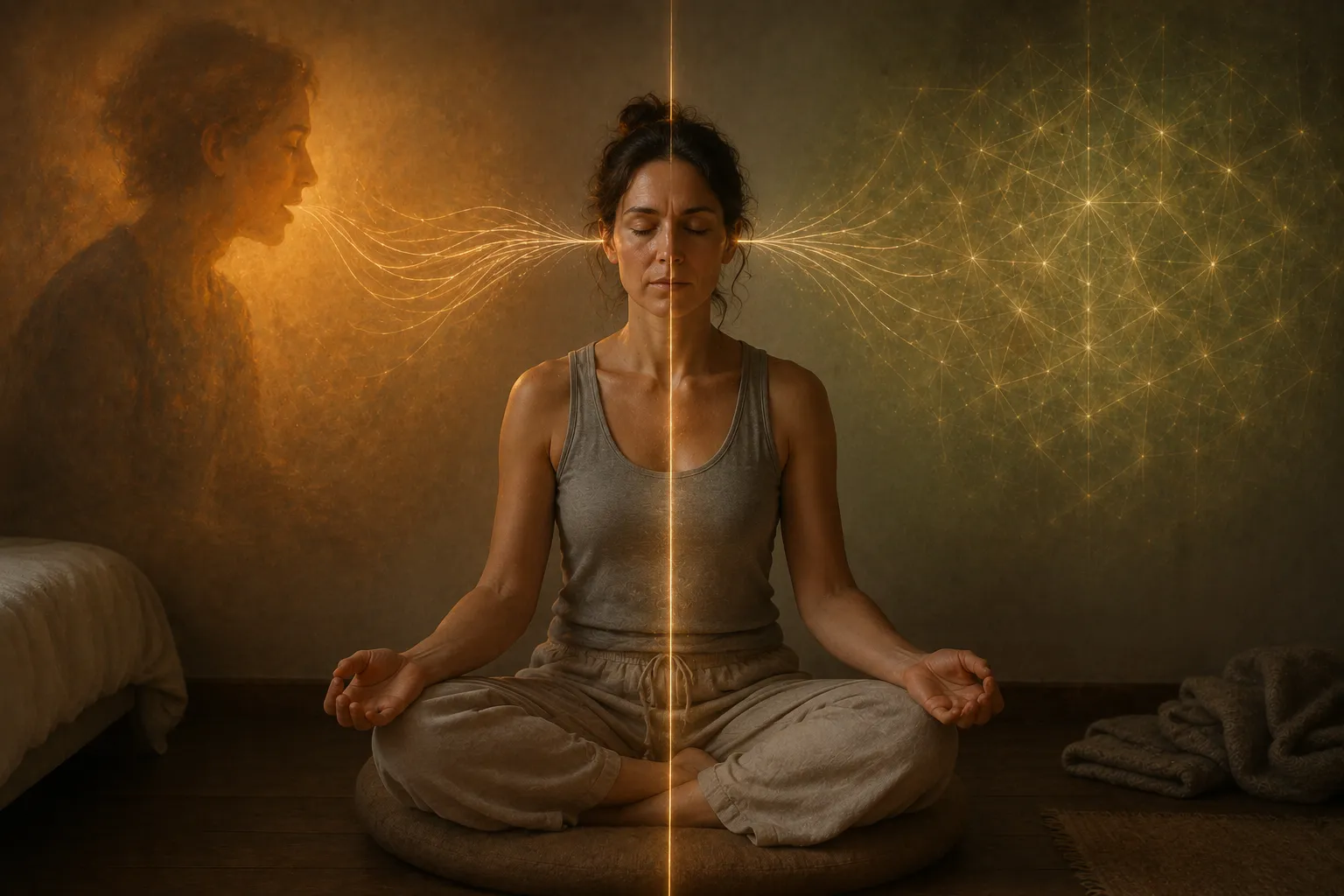 A woman meditates cross-legged on a cushion while a vertical seam of light divides the room behind her, a speaking human figure on her left and a lattice of glowing filaments on her right, each sending identical warm threads of light to one of her ears