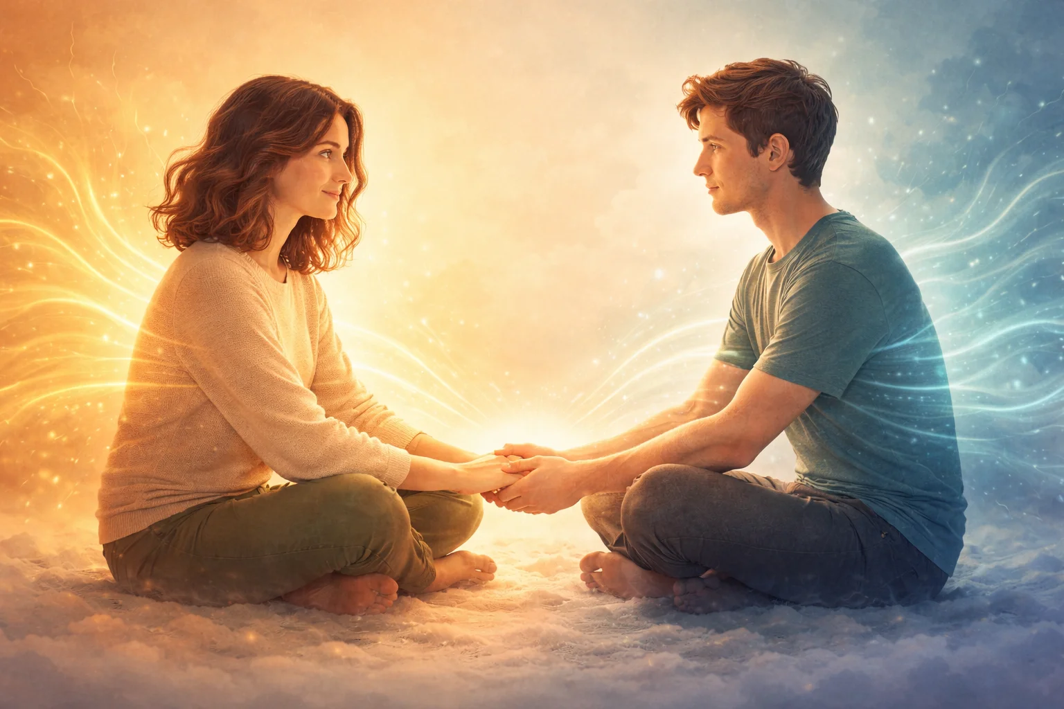 Two people with hands touching as warm golden calm light ripples flow between them, representing nervous system co-regulation