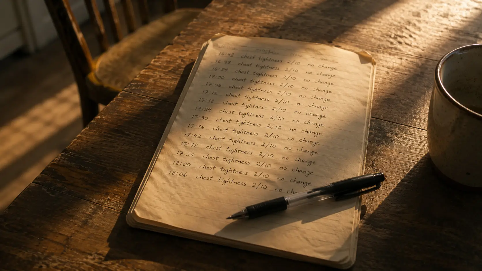 An open handwritten log on a kitchen table in low afternoon sun, showing fourteen entries logged six minutes apart, each recording the same sensation at the same rating and each noting no change, with a pen resting where the newest entry stops mid-word