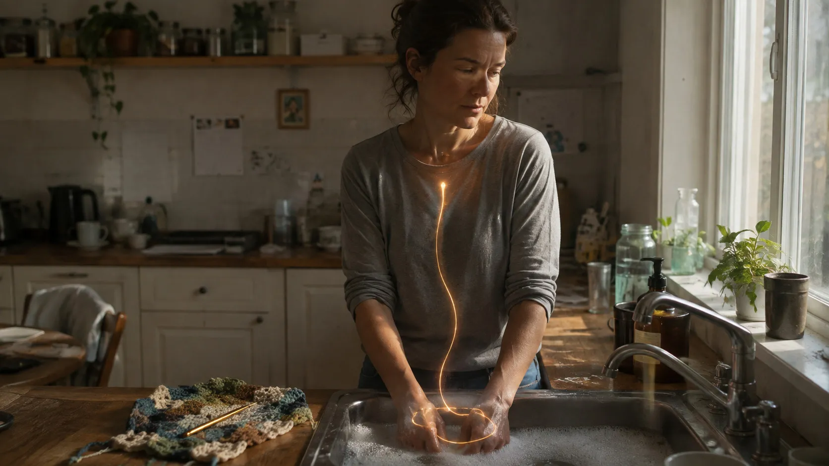 A person paused at a kitchen sink mid-morning with their hands still in the water, an unfinished crochet piece on the worktop beside them, a thin line of warm light running from their chest into the water and looping back