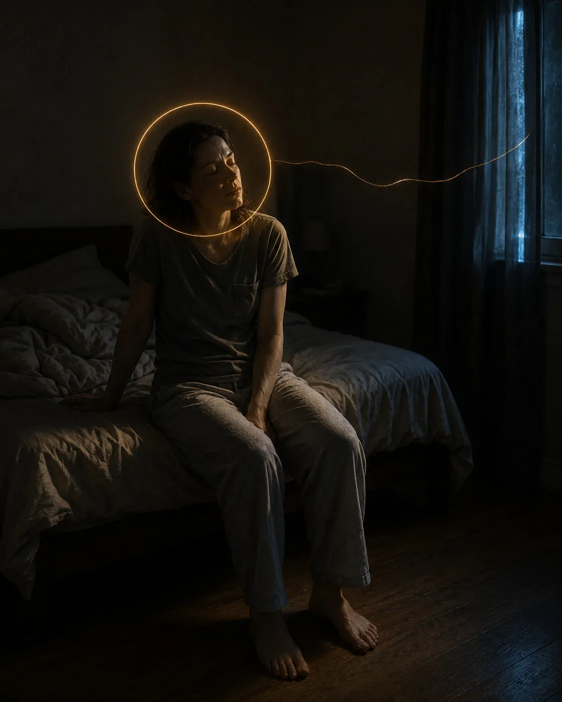 A person sitting still in low evening light with one hand resting open on their knee, a faint ring of light circling back on itself just above the hand and a second line of light travelling outward past it into the room
