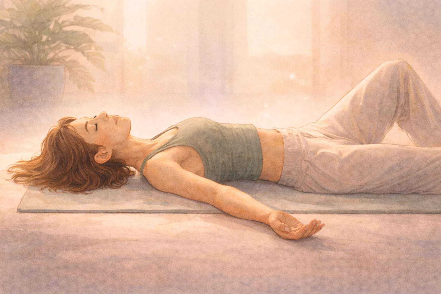 Person practicing meditation after exercise in savasana pose, demonstrating post-workout recovery routine