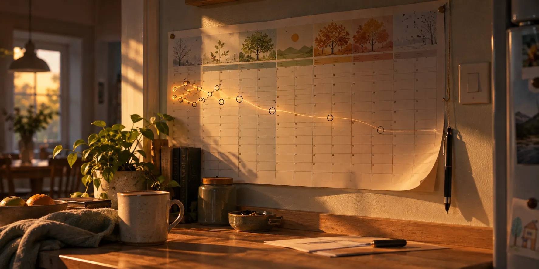 A year planner on a kitchen wall with appointments circled close together early in the year and further apart later, joined by a thread of amber light that thins and fades into the blank months