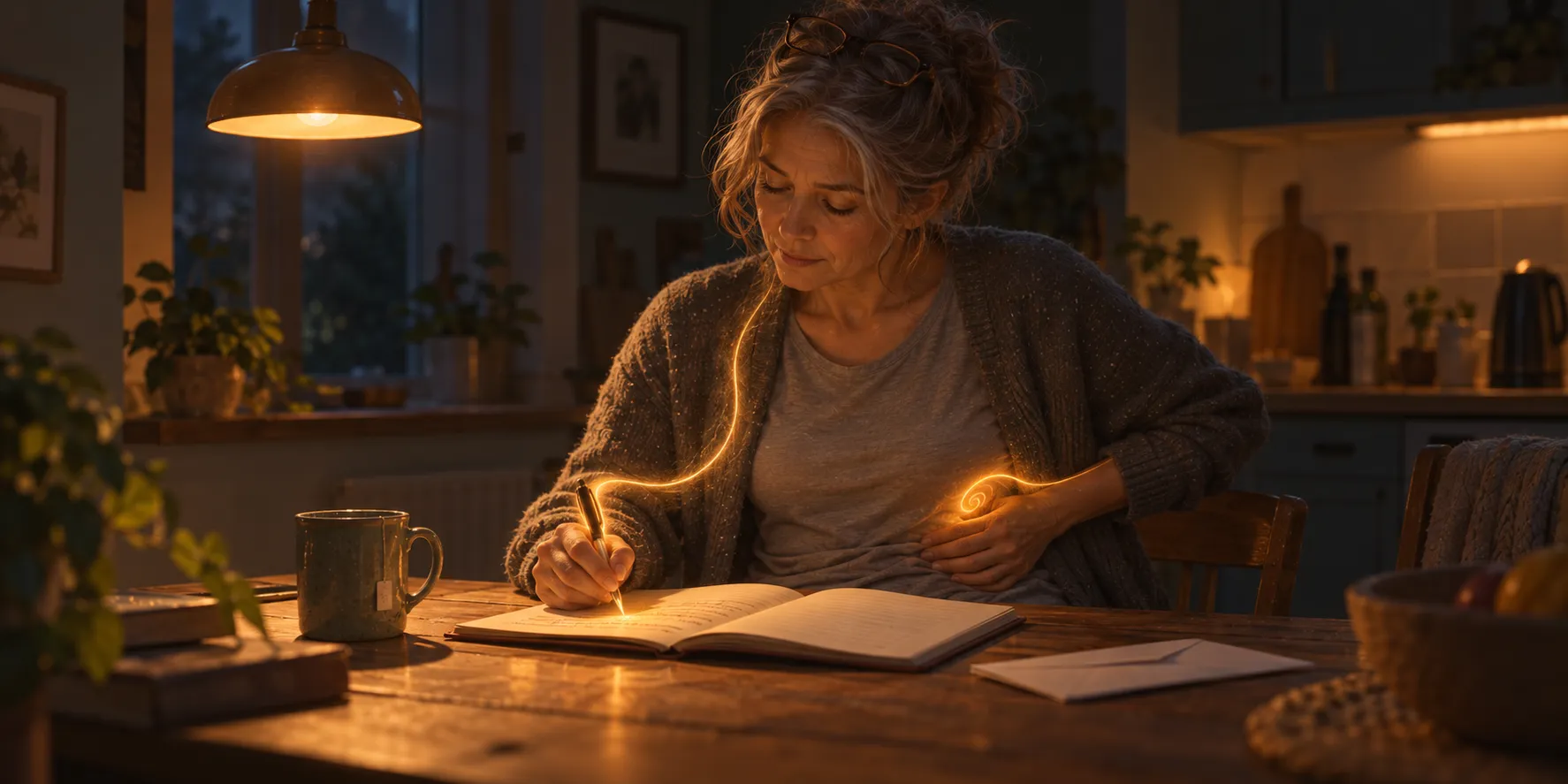 A woman writing at a kitchen table in evening lamplight, one hand pressed below her ribs where a thread of amber light curls, then rises to her shoulder and runs down her other arm into the pen and the page
