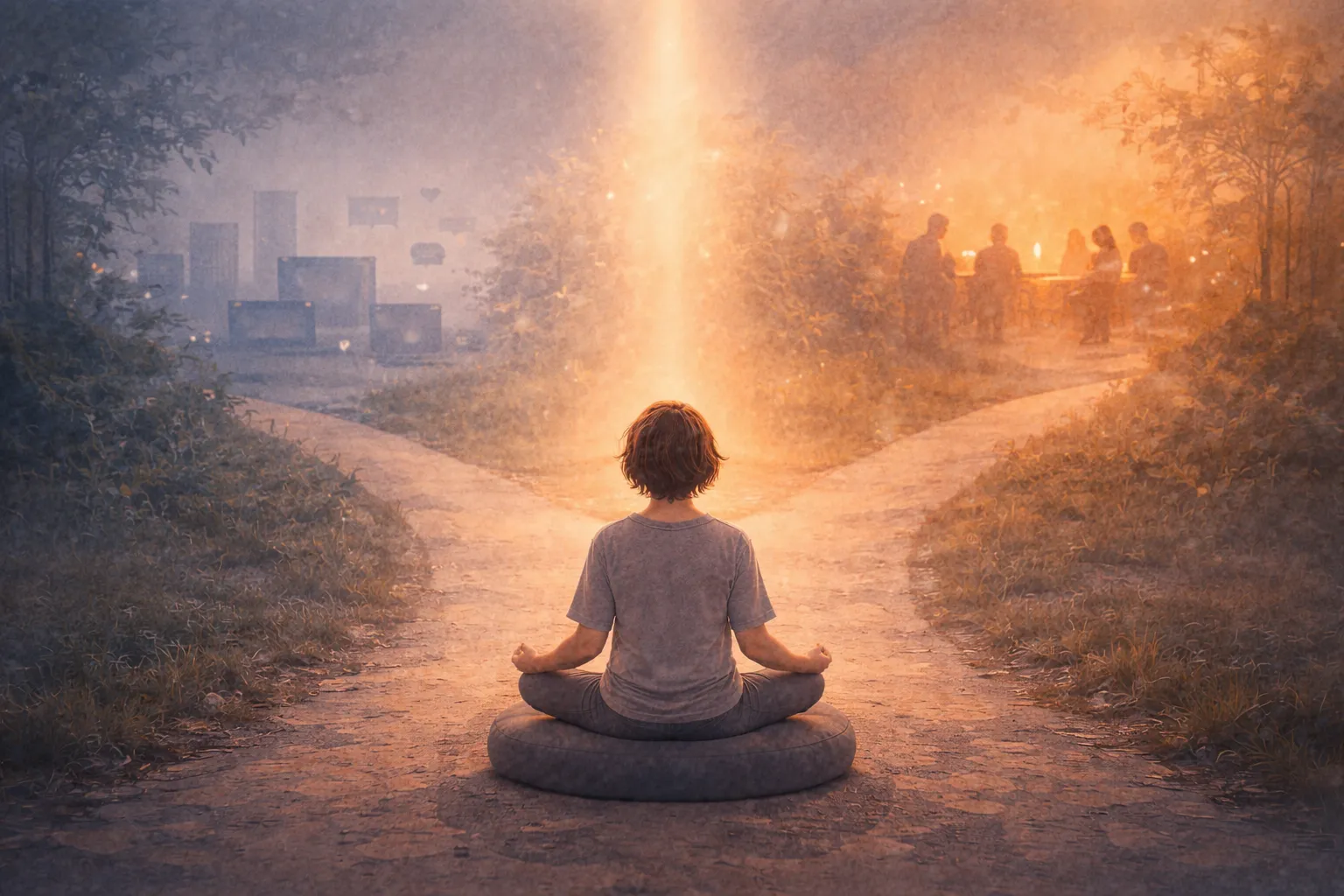 Person standing at crossroads between work and life paths, with meditation cushion at the decision point illuminated by golden light