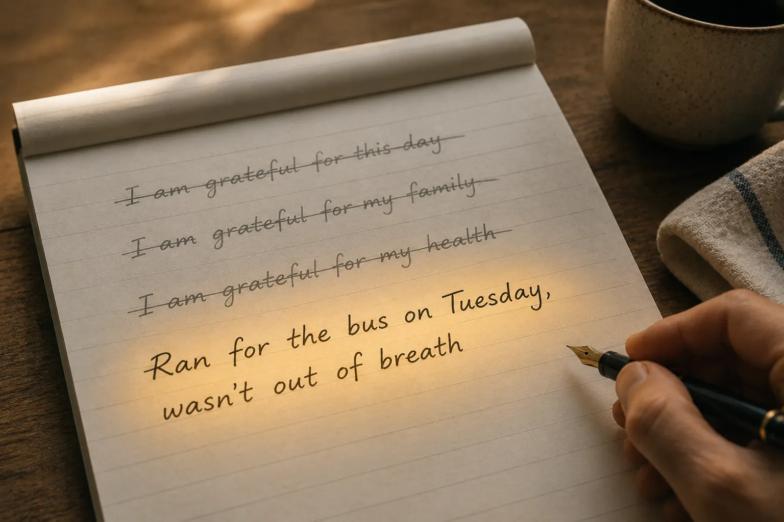 An open notebook on a wooden table in warm morning light, showing three faint handwritten lines crossed out (I am grateful for this day, I am grateful for my family, I am grateful for my health) and beneath them one glowing line that reads: Ran for the bus on Tuesday, wasn't out of breath