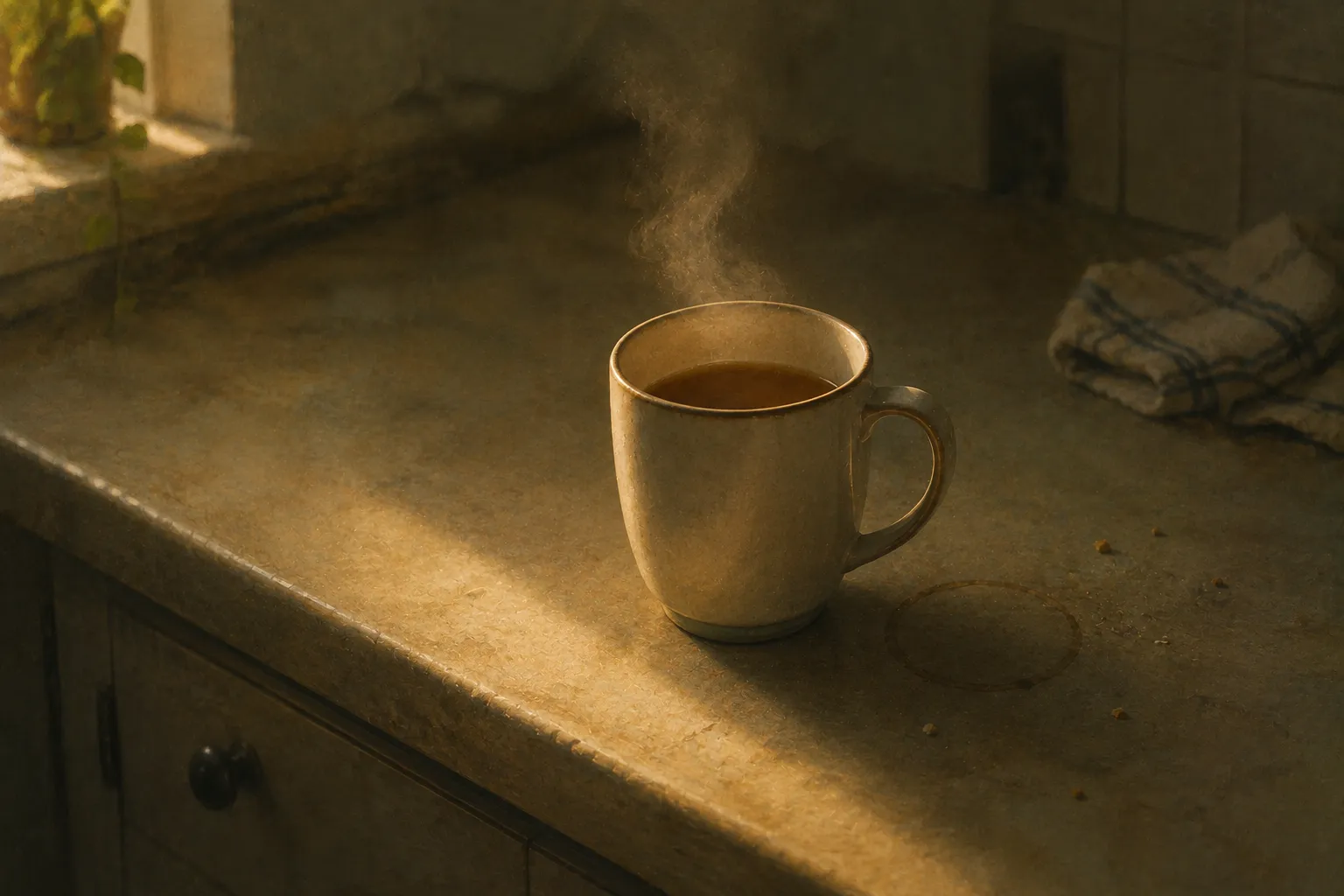 A mug of tea on a worn kitchen counter in the last of the afternoon light, steam still rising, a dried ring beside it where it was set down and picked up again, nobody in the frame