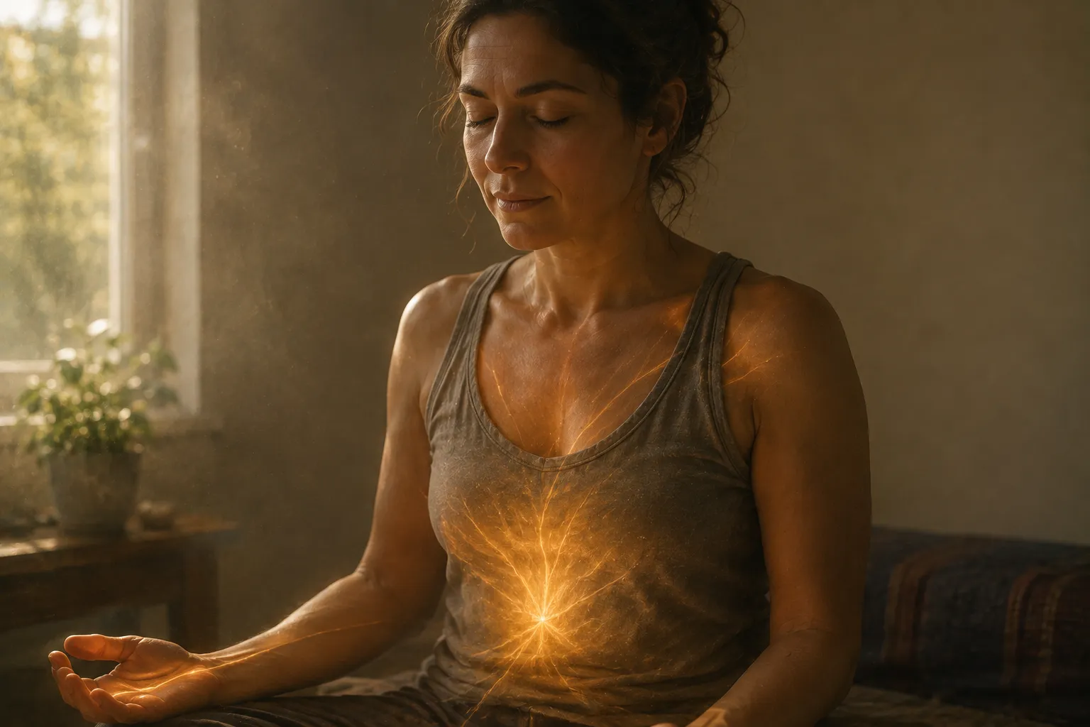 A woman sits by a window in late afternoon light with her eyes gently closed and one hand open in her lap, while warmth gathers as fine gold filaments that begin low in her chest and spread outward through her ribs and shoulders, with nothing glowing around her head.