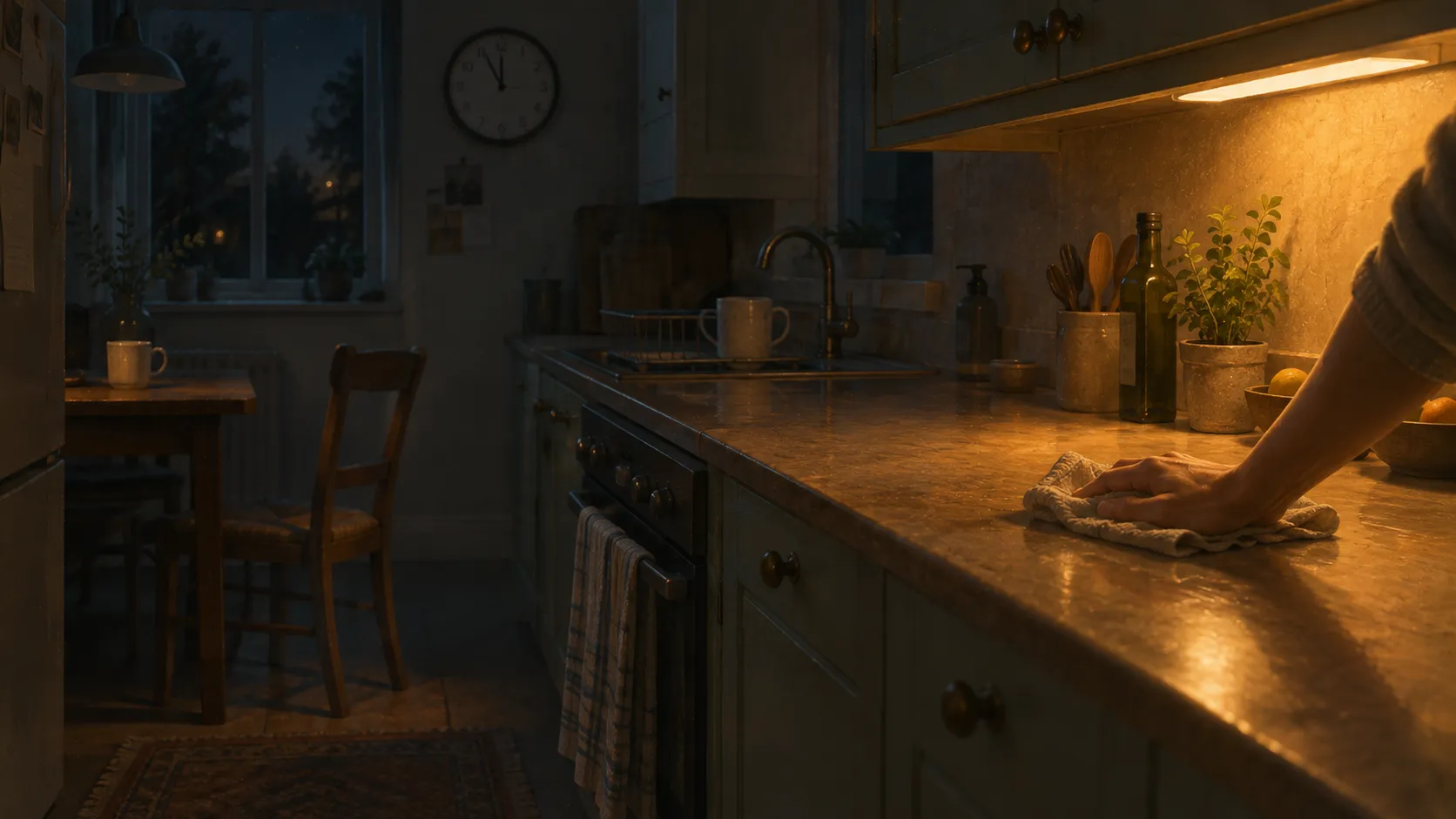 A kitchen at night, a clean worktop being wiped again, one lamp on