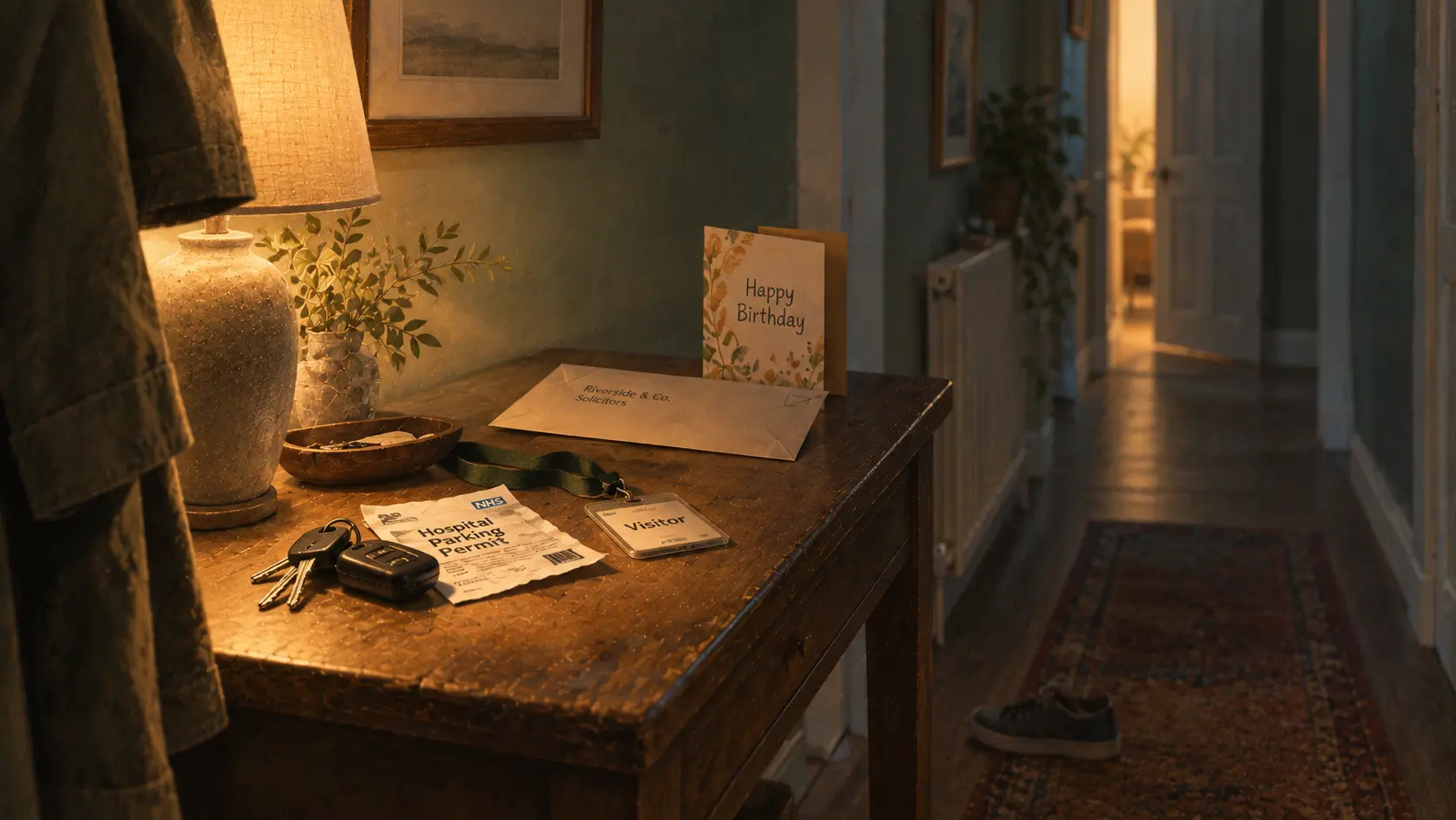A hall table under one lamp holding car keys, a hospital parking permit, a visitor pass, a solicitor's envelope and a birthday card, with a lit doorway further down the hallway