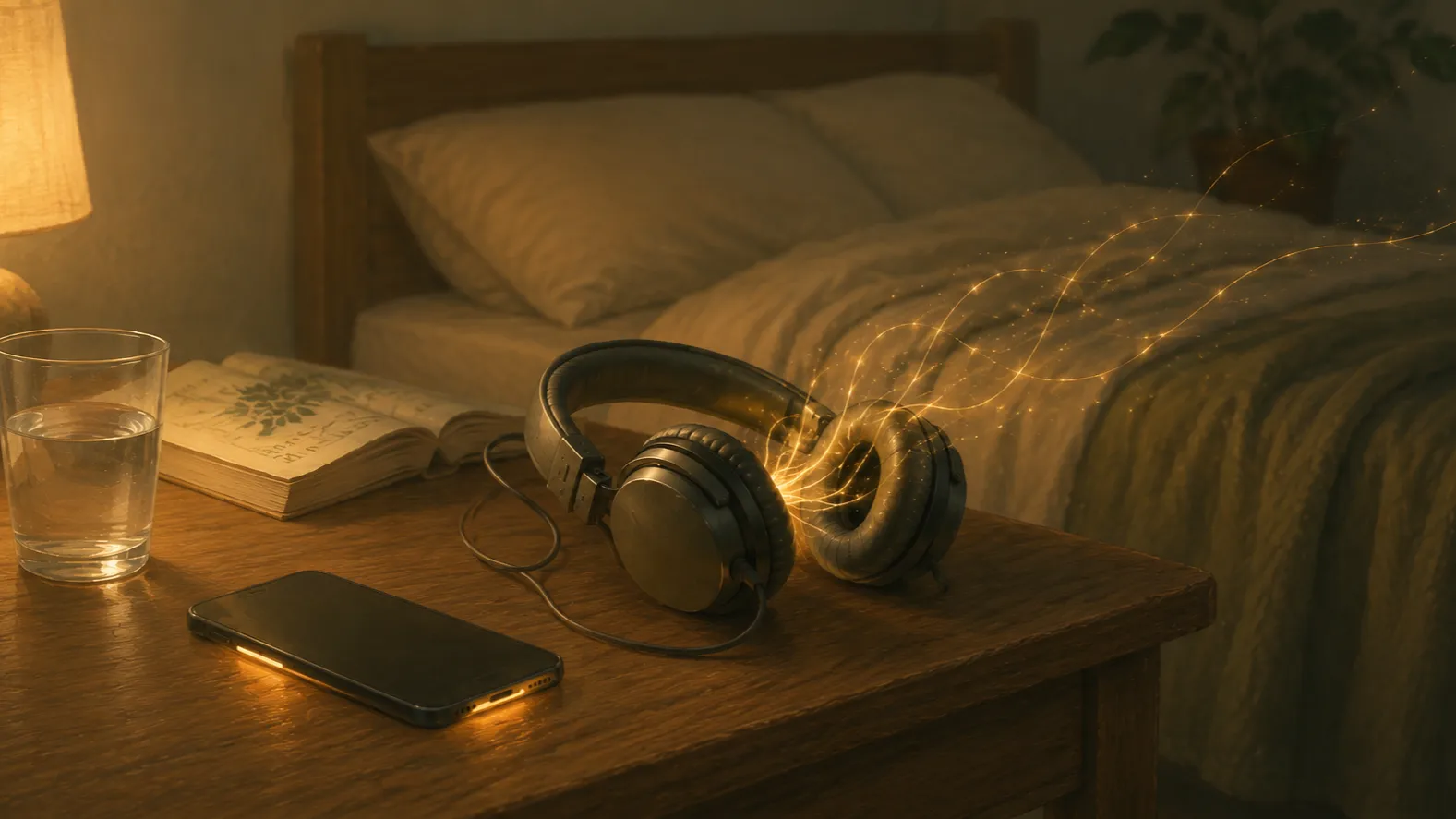Headphones lying where they were pulled off on a bedside table, sound still spilling from the earcups as fine gold threads into a dark room where nobody is listening