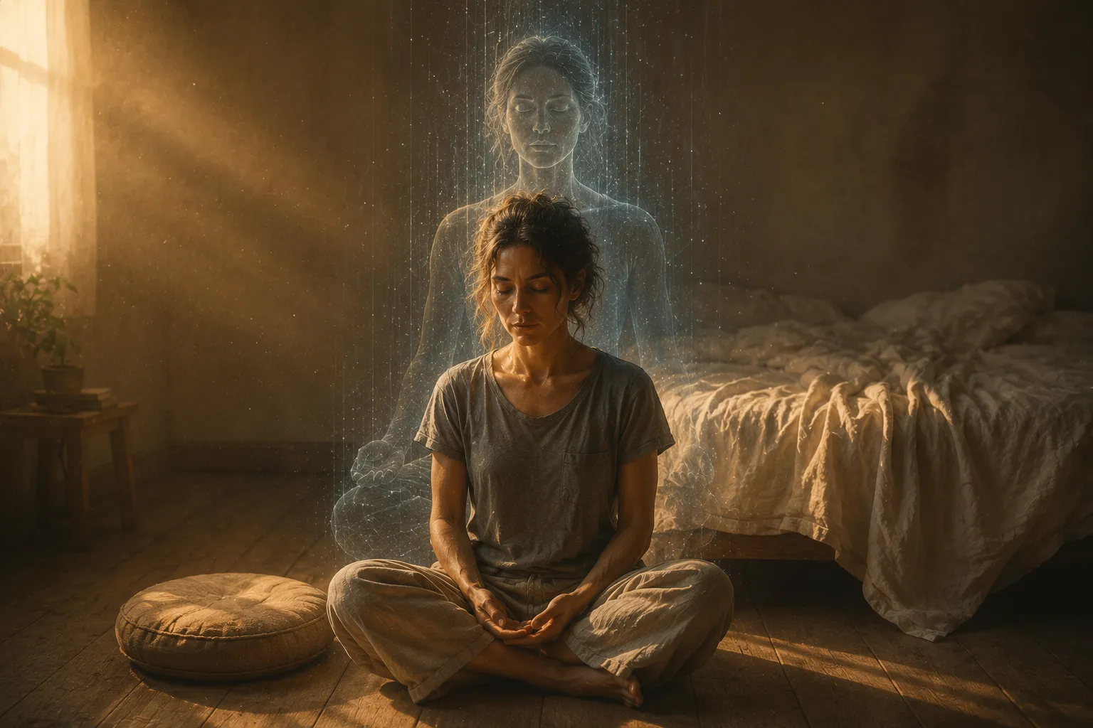 A woman sits cross-legged on a bedroom floor in low morning light at the end of a short meditation, with a translucent version of herself behind her holding a longer, more upright formal posture