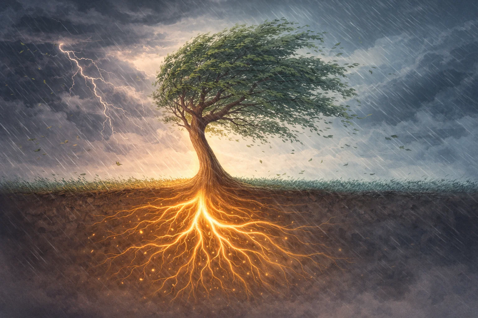 Tree bending in storm with glowing golden roots visible underground, representing stress resilience built through daily practice