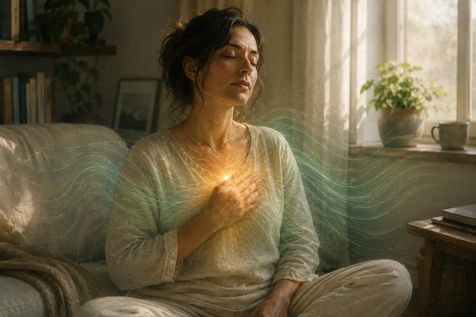 A person sitting on a couch in soft daylight, eyes closed with a hand resting on their chest, a warm glow at the heart easing into calm sage-green ripples