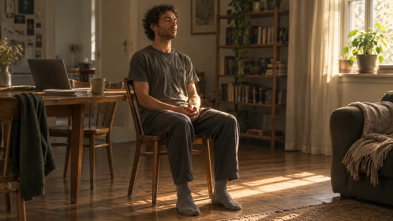 A person sitting upright and still on an ordinary dining chair in a lived-in room, feet flat on the floor and hands resting in the lap, mid-session