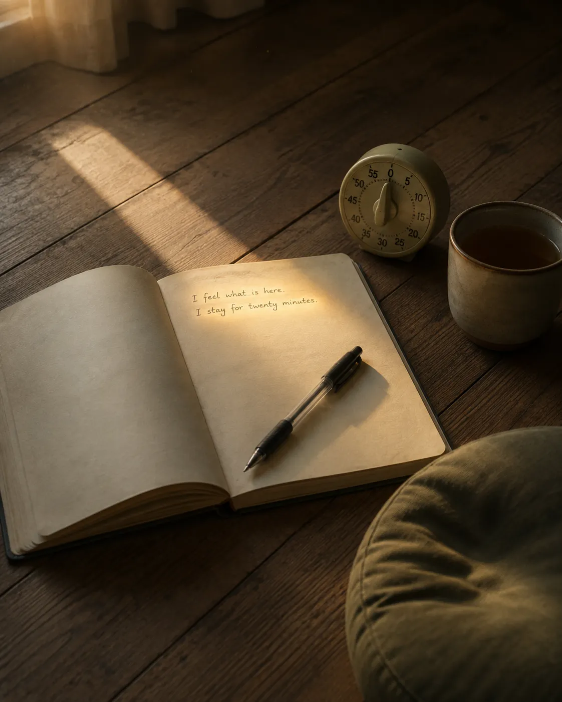 A small notebook open on the floor with two lines just written in it, a pen still lying across the page and a finished meditation timer beside it