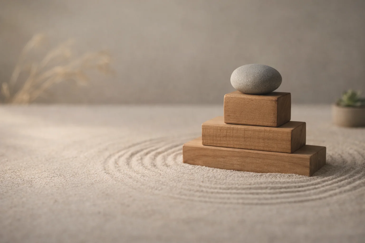Zen stone blocks arranged in deliberate three-tier structure on raked sand, representing the foundational structure of meditation scripts