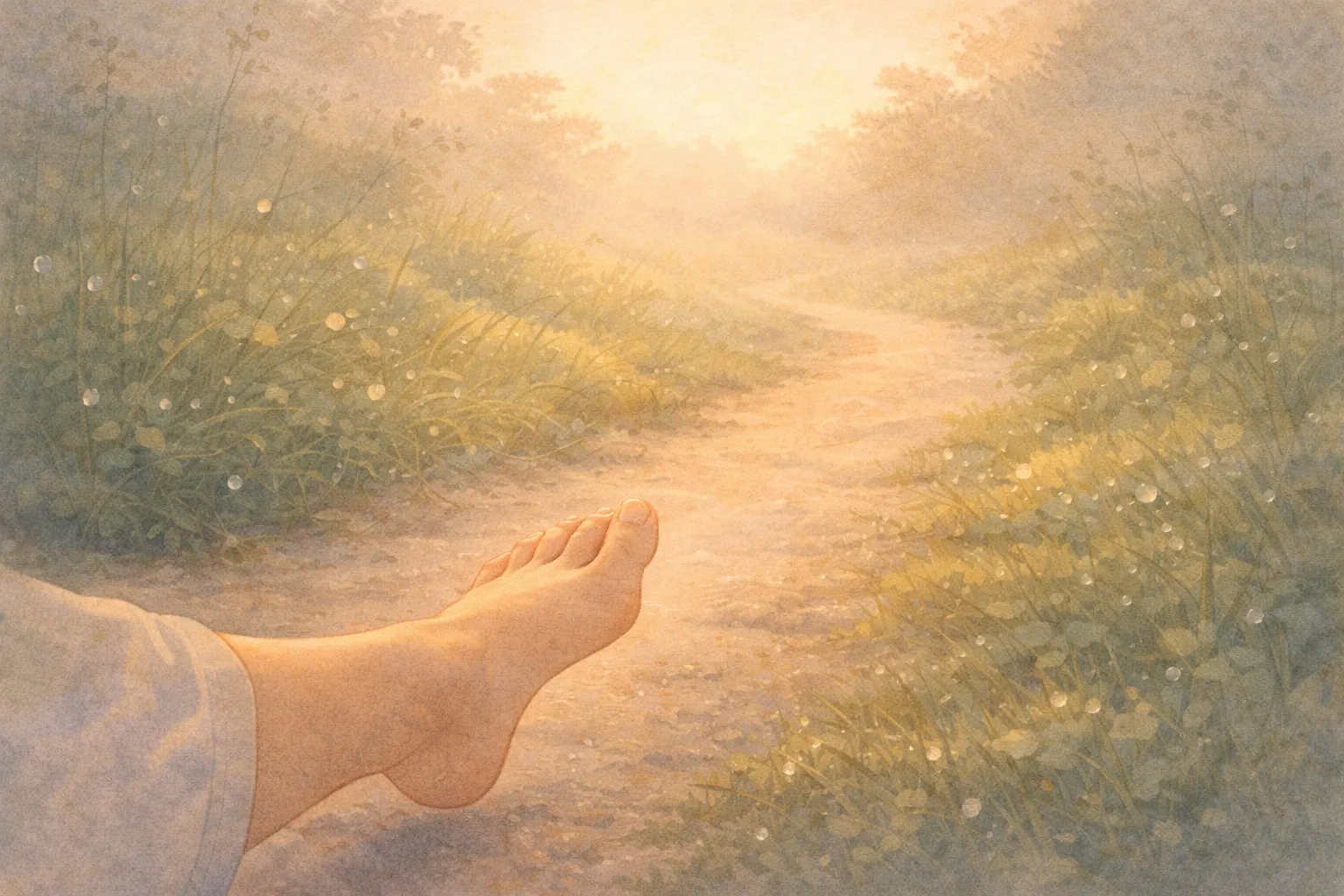 Illustration of a bare foot about to step onto a dew-covered path at dawn, representing the moment of choosing an intention before the day begins