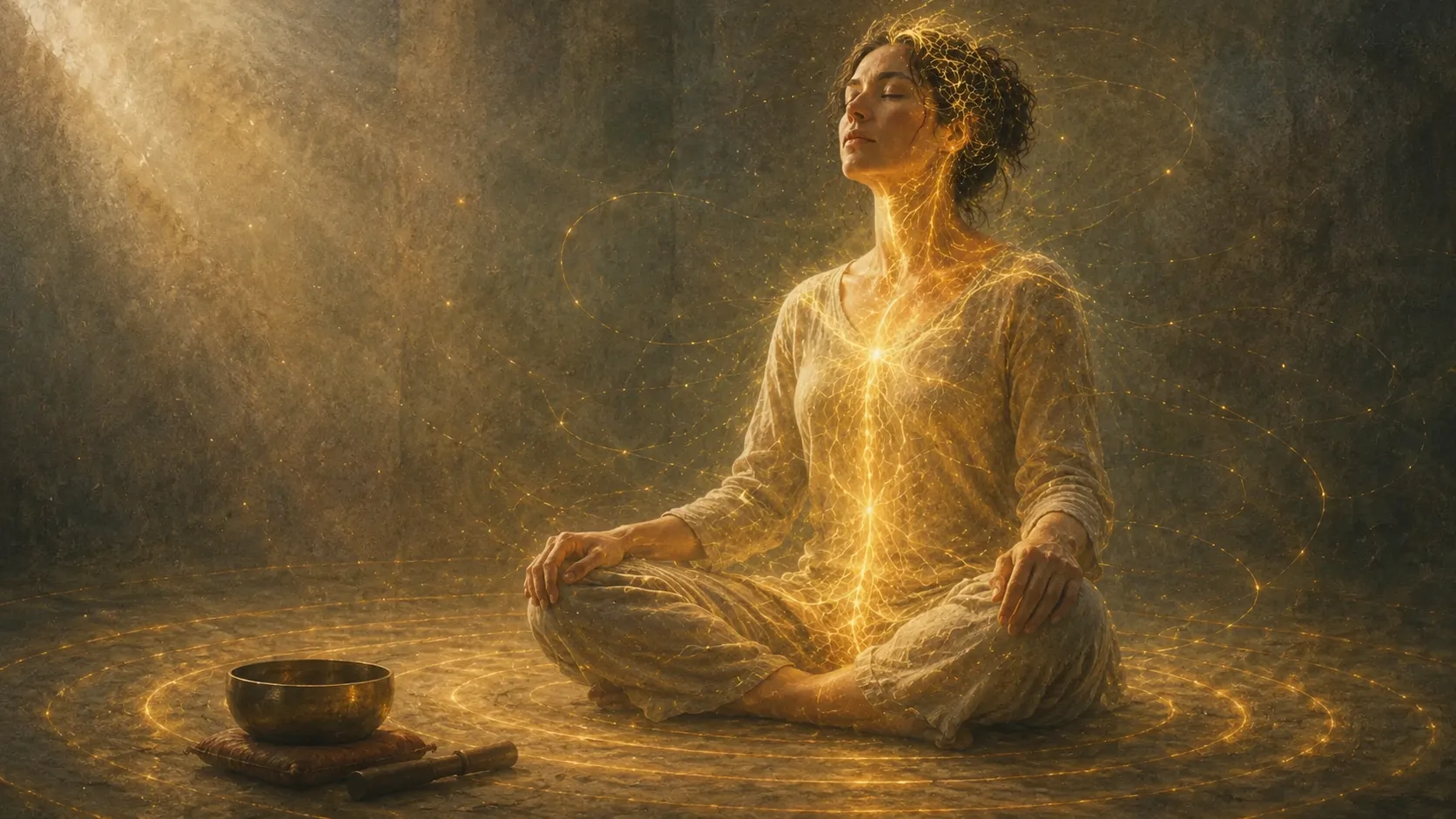 Person seated cross-legged in meditation, eyes gently closed, body lit from within by warm golden ripples expanding outward from a bronze singing bowl resting on a small cushion in the foreground