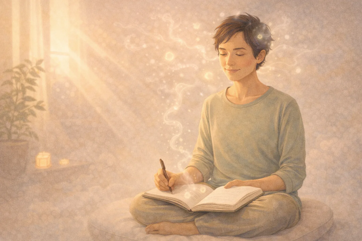 Peaceful illustration of person journaling after meditation with glowing thought wisps crystallizing onto the page