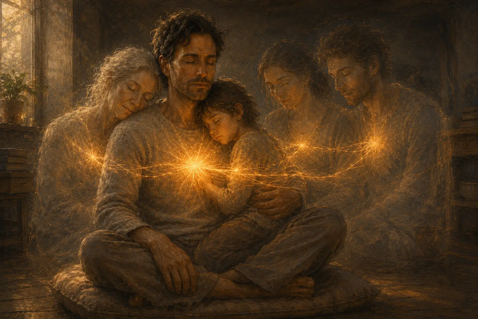 A composite of five role-holders mid-practice in their own real spaces, each with a soft inner glow showing their nervous system reset