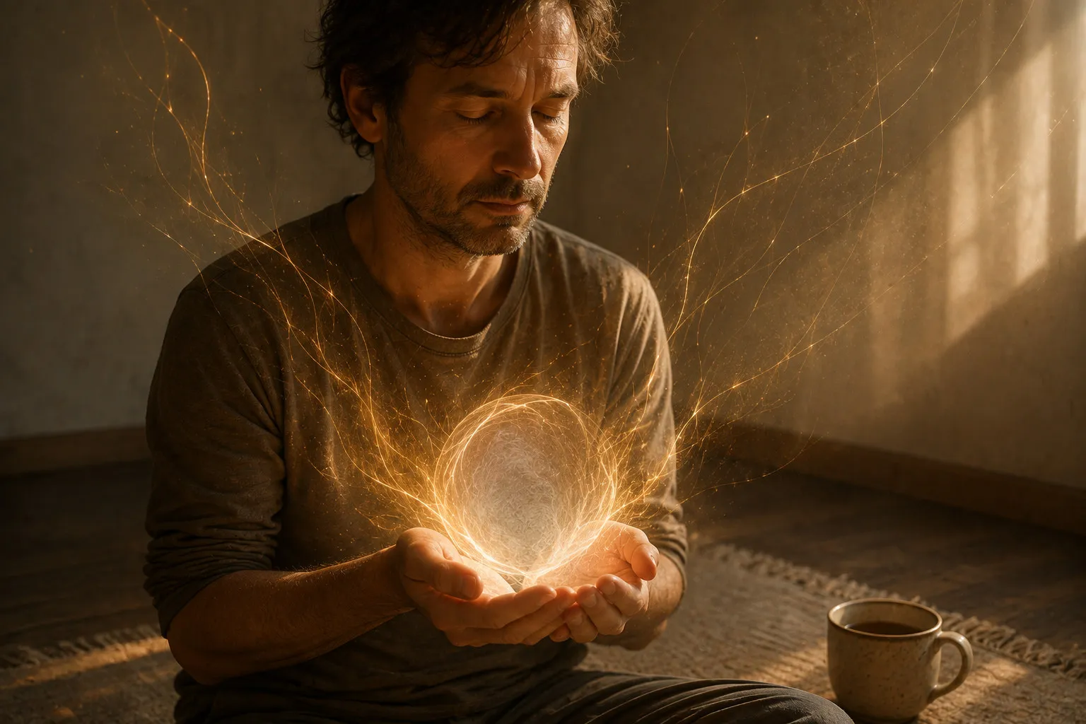A seated person holds a small orb of light in cupped hands, its centre pale and its outer edges glowing warm, with fine strands of light drifting outward past their shoulders