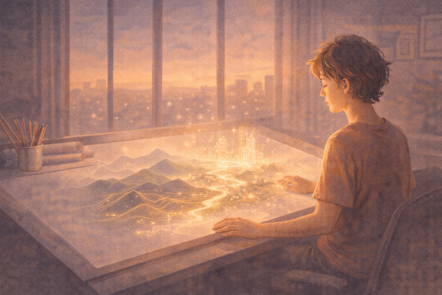 Illustration of a person at a drafting table at dusk, with a glowing miniature landscape emerging from the surface, representing focused visualization during manifestation meditation
