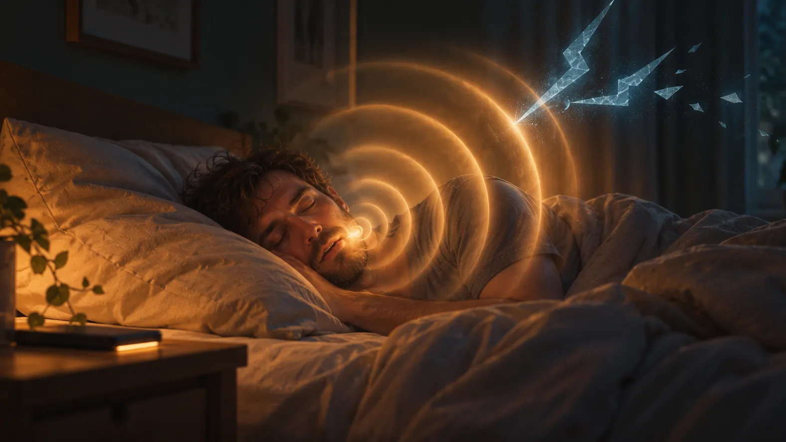 A person lying in bed at night with eyes closed as smooth rings of warm light spread from their lips and a jagged shard of cold light glances off them and breaks apart
