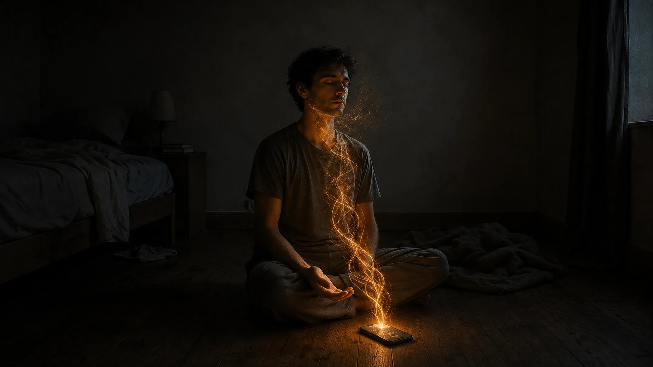 Man sitting cross-legged on a bedroom floor at night with his eyes closed, a phone lying face up on the floorboards in front of him sending ribbons of amber light upward that fray into scattered particles at his jaw before reaching his face