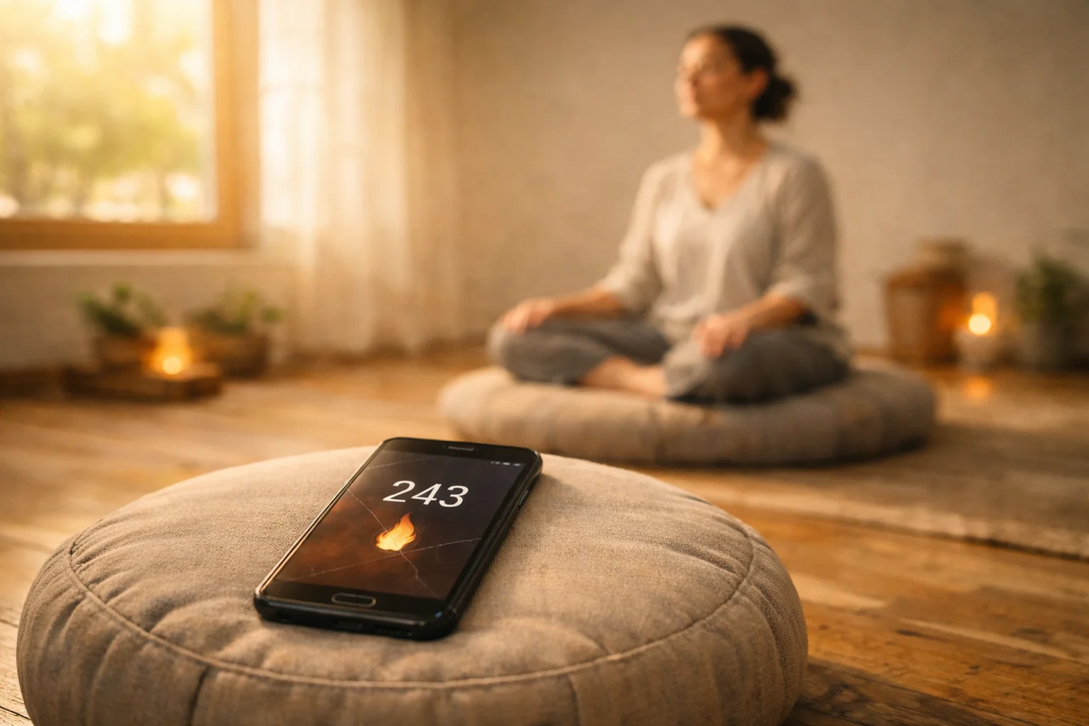 Cracked smartphone with 243-day meditation streak lying on cushion while person meditates peacefully in background