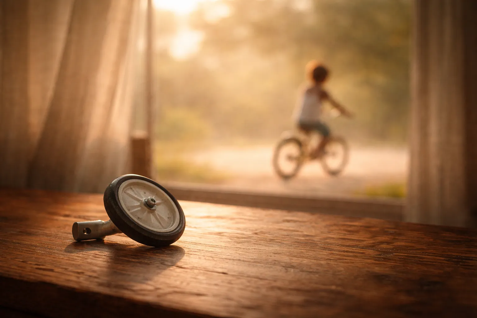 Bicycle standing balanced on its own with training wheels removed - metaphor for meditation independence