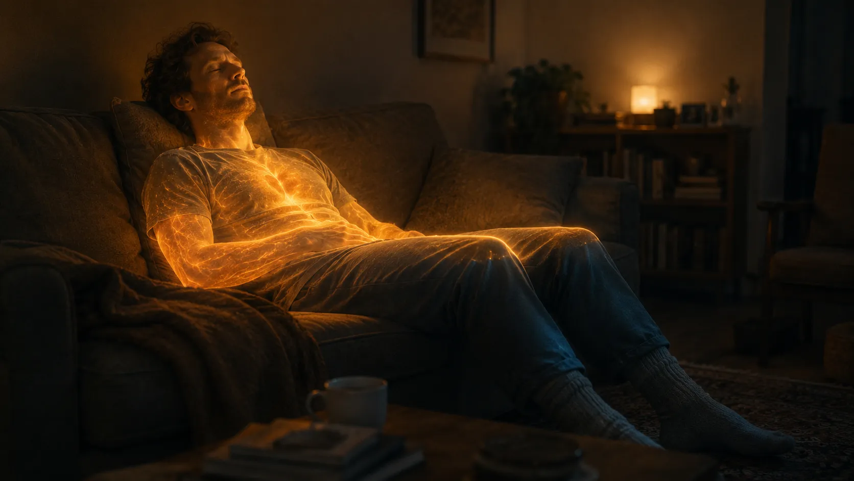 A man reclined on a sofa with his eyes closed, warm light glowing through his chest and arms and stopping at his knees, leaving his lower legs and socked feet in cool shadow