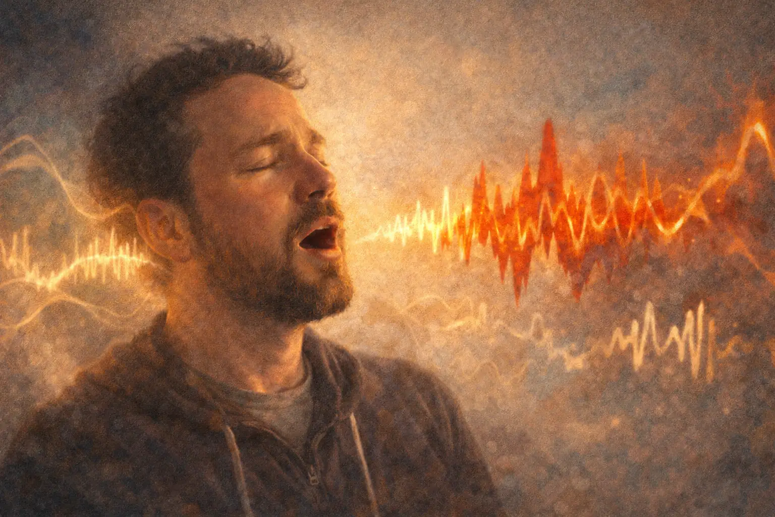 A man exhaling with eyes closed as warm sound waves radiate outward, representing the release of anger through being heard
