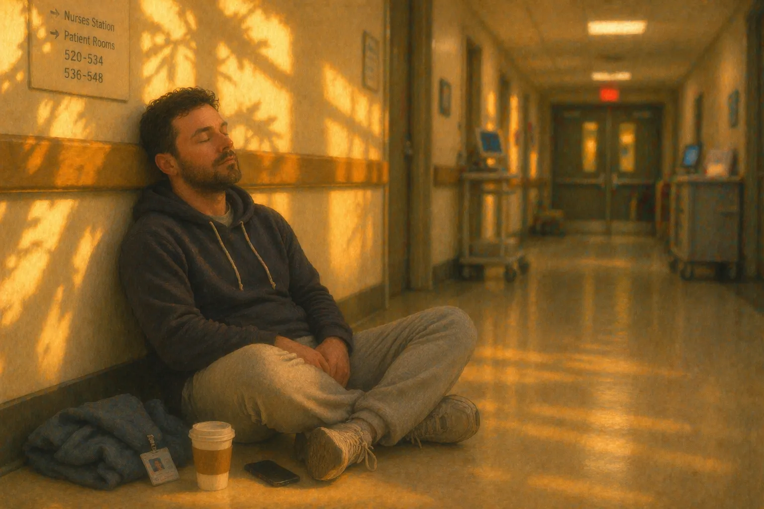 A caregiver sitting alone in a quiet hallway, eyes closed, taking a brief moment of stillness